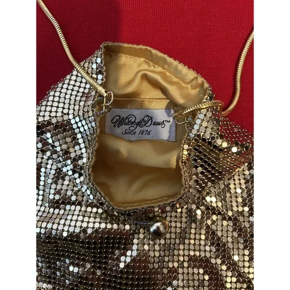Vintage Whiting & Davis Gold Mesh Crossbody Bag 80s Evening Purse Fringe Disco - Picture 2 of 3